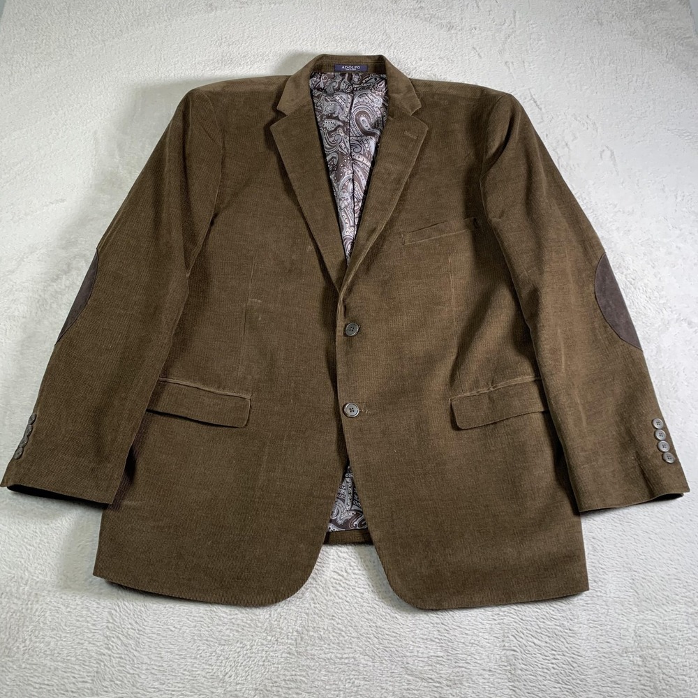 Adolfo Blazer Mens 48R Brown Corduroy Sport Coat Elbow Patches Paisley Lining